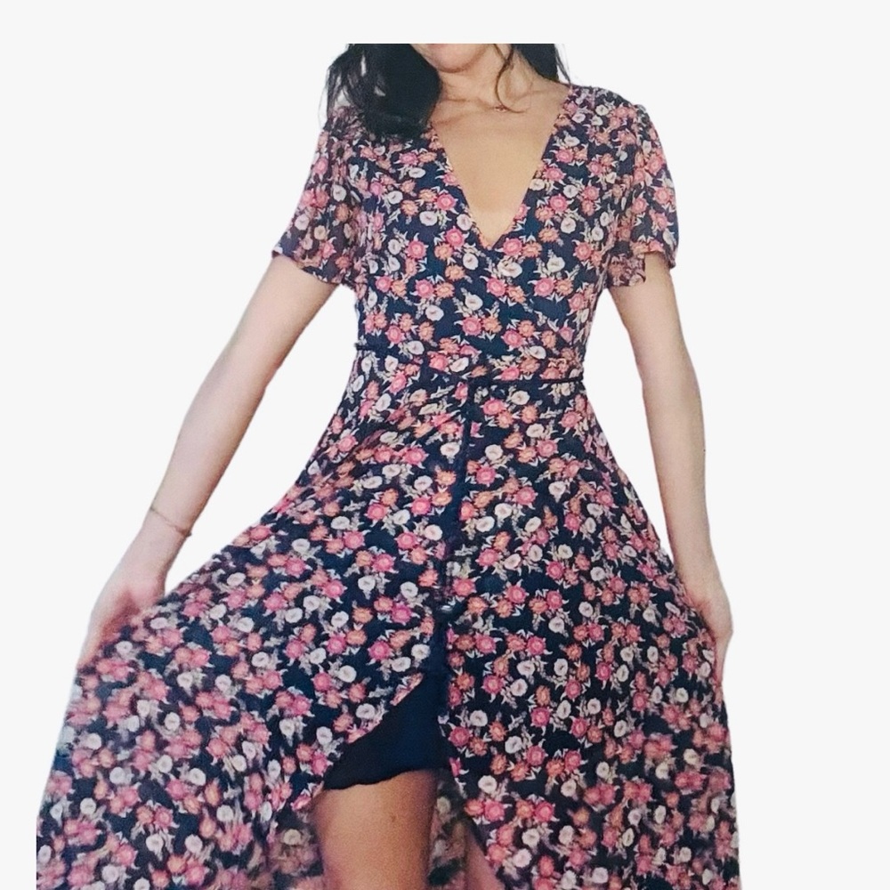 Pink and Red High Low Wrap Sundress with Flutter Sleeves